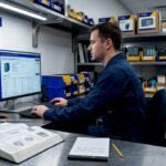 Technician checking discontinued parts on storeroom computer