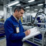 Supervisor reviewing automated production line performance