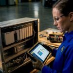 Engineer examining Allen-Bradley PLC rack in factory