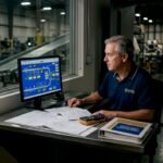 Engineer monitoring conveyor controls from control room