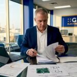 Facility manager reviewing industrial repair plans