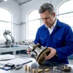 Engineer inspecting automation part at workbench