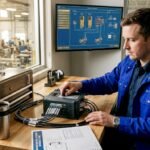 Engineer adjusting motion controller hardware