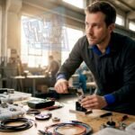 Engineer inspecting rotary encoder in workshop