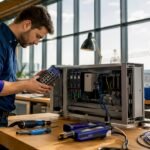 Engineer inspecting industrial ethernet hardware