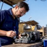 Industrial engineer examining motion controller hardware