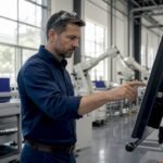 Factory floor manager interacting with control system panel