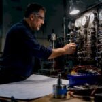 Engineer monitoring factory control system