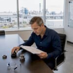 Engineer reviewing legacy automation controls in factory