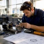 Engineer inspecting a disassembled servo motor