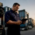 Technician inspecting inventory in warehouse