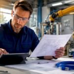 Engineer reviewing robot PLC integration schematic