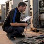Plant engineer inspecting RX3i PAC hardware rack
