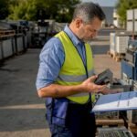 Technician holding PLC module in warehouse aisle