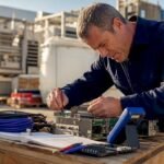 Engineer inspecting GE control hardware module