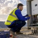 Technician inspecting ABB Trio inverter outdoors