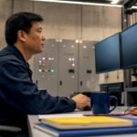 Man at field control console in industrial room