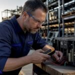 Engineer inspecting Series 90-70 PLC rack