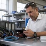 Engineer inspecting GE Series 1 PLC in factory control panel