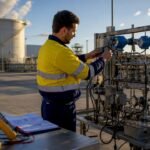 Engineer inspecting industrial sensors on factory panel
