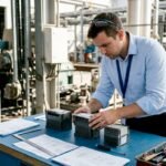 Engineer comparing PLC controllers on workbench