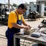 Engineer connecting legacy PLC to modern device