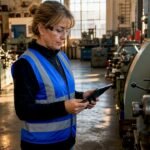 Plant manager inspecting aged manufacturing machinery