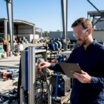 Engineer inspecting industrial control panels