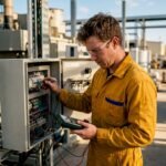 Technician testing wiring on manufacturing control panel