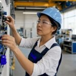Engineer inspecting manufacturing automation control panel